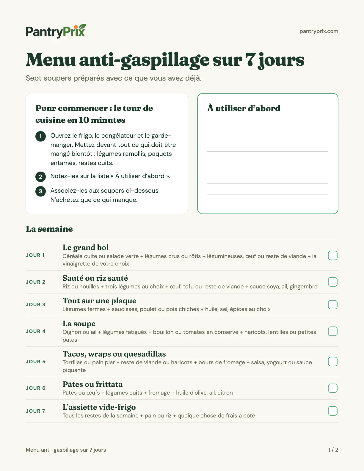 Première page du menu anti-gaspillage sur 7 jours
