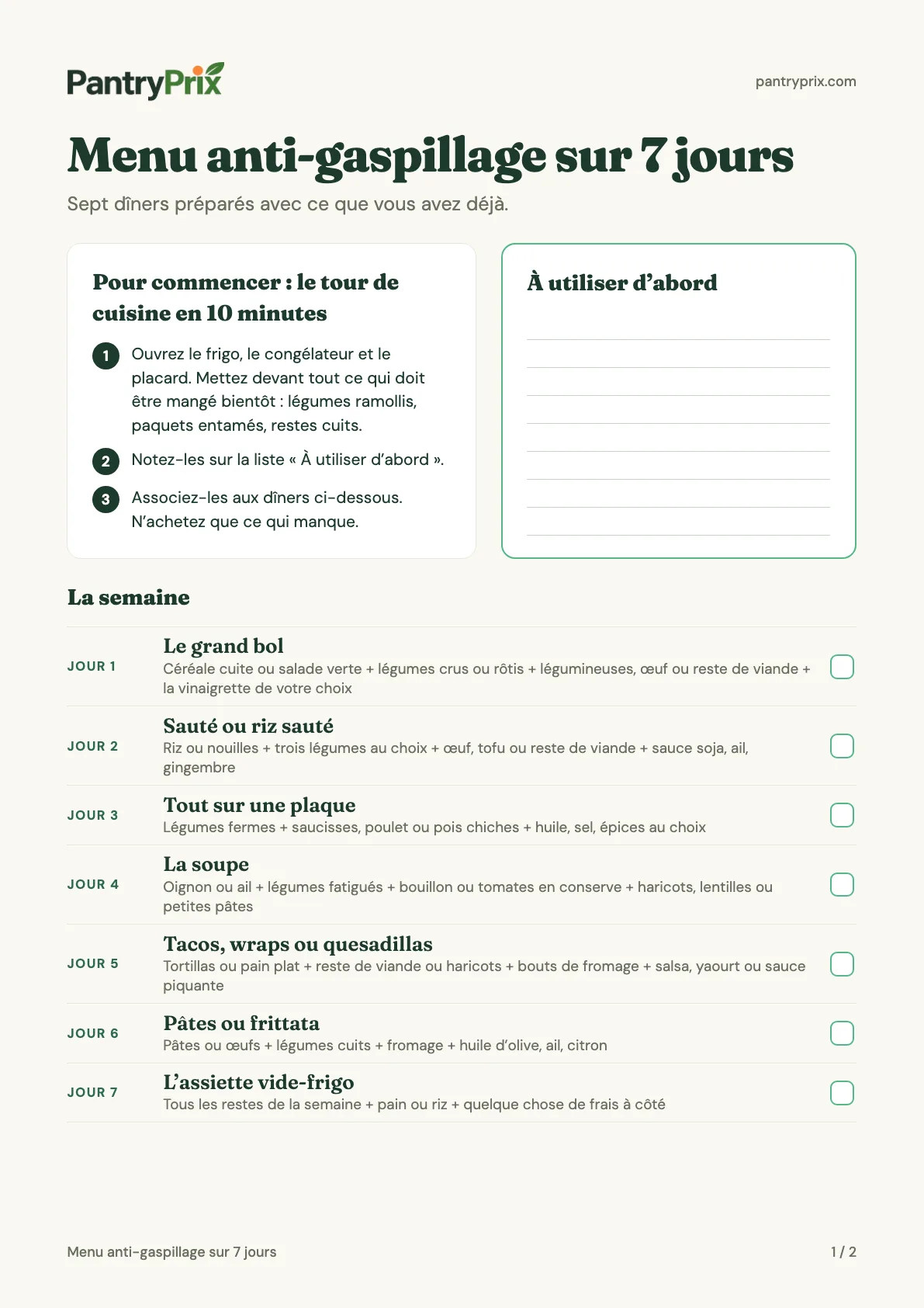 Première page du menu anti-gaspillage sur 7 jours