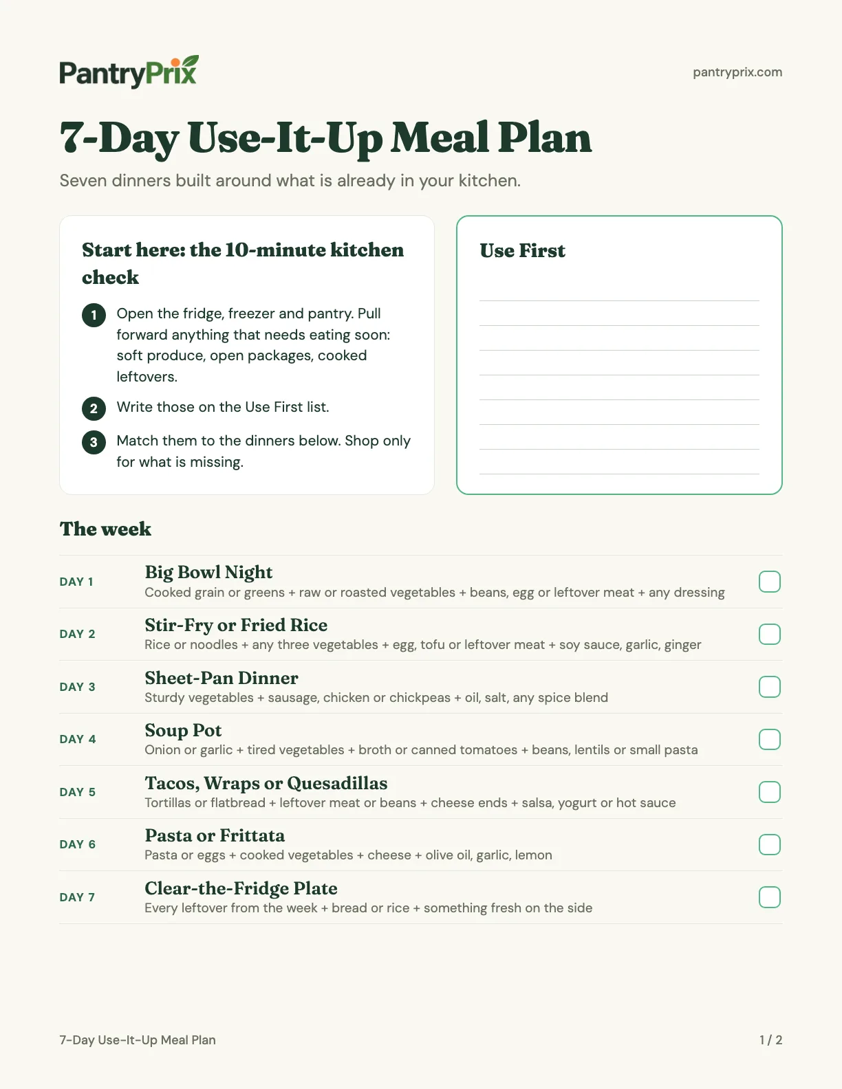 First page of the 7-Day Use-It-Up Meal Plan