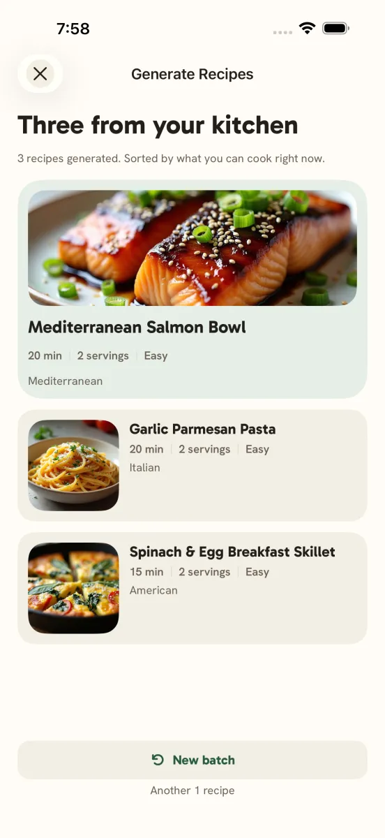 Three recipes PantryPrix generated from the ingredients in the pantry