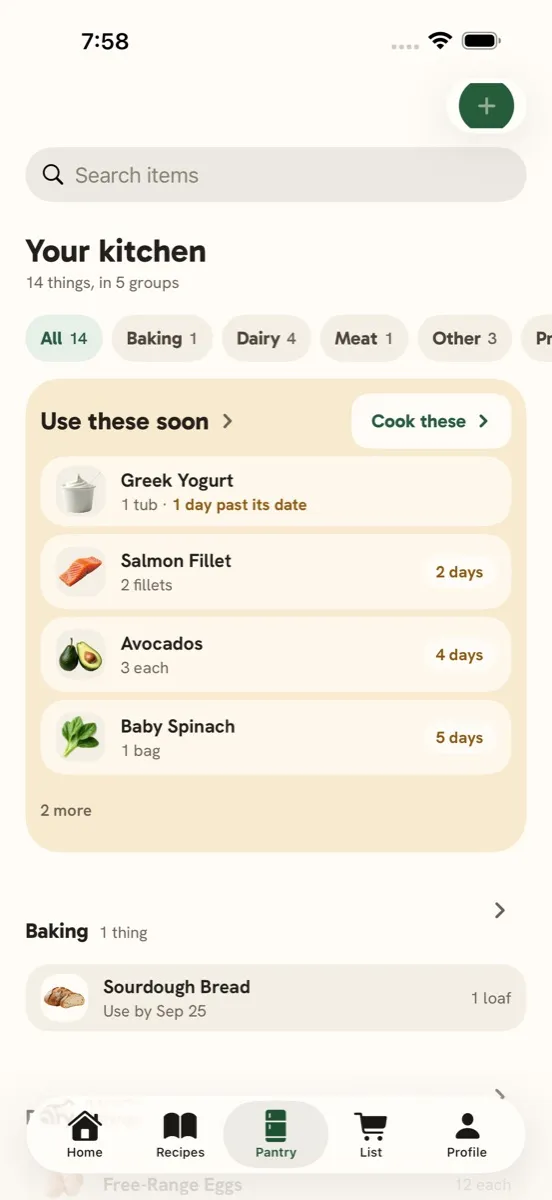 PantryPrix pantry showing what to use soon, with days left before each item expires