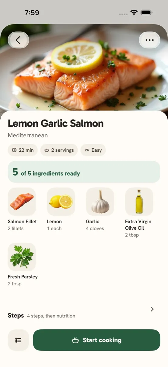 A PantryPrix recipe for lemon garlic salmon with all 5 ingredients ready and a Start cooking button